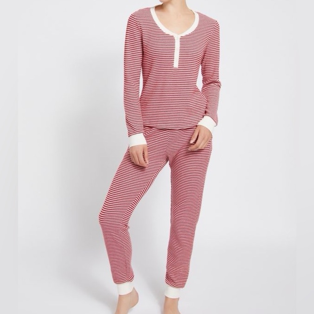 dip Soft Waffle Henley Stripe Pajama Joggers Set Red White Candy Stripe Size L - Picture 5 of 15